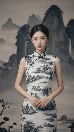 AI绘画攻略，用AI生成穿水墨山水旗袍和青花瓷旗袍的人像写真照片