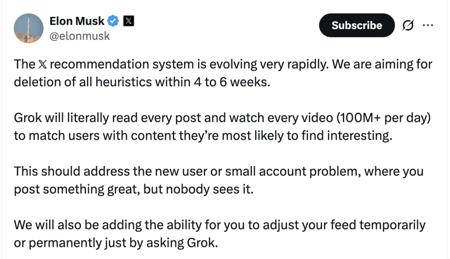 马斯克要让Grok全面接管x，彻底剔除人类规则推荐算法