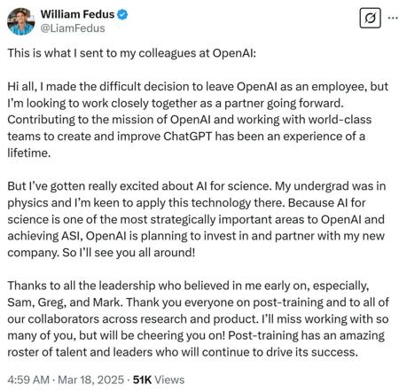 OpenAI前副总裁携DeepMind科学家创业:20余精英科学家+3亿美元押注「AI做科学」